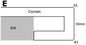 Corian bordplade med kant på 40mm og rundede kanter med radius 3mm