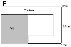 Corian bordplade med kant på 60 mm og affasede kanter på 1 mm