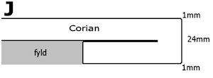 Corian bordplade med kant på 24mm og affasede kanter på 1mm